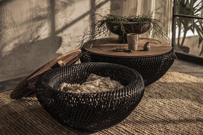 Rustic Rattan Round Black Coffee Table with Storage