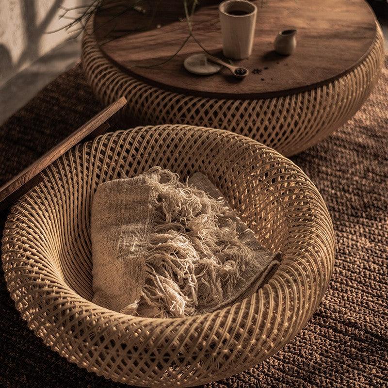 Rustic Rattan Round Coffee Table with Storage